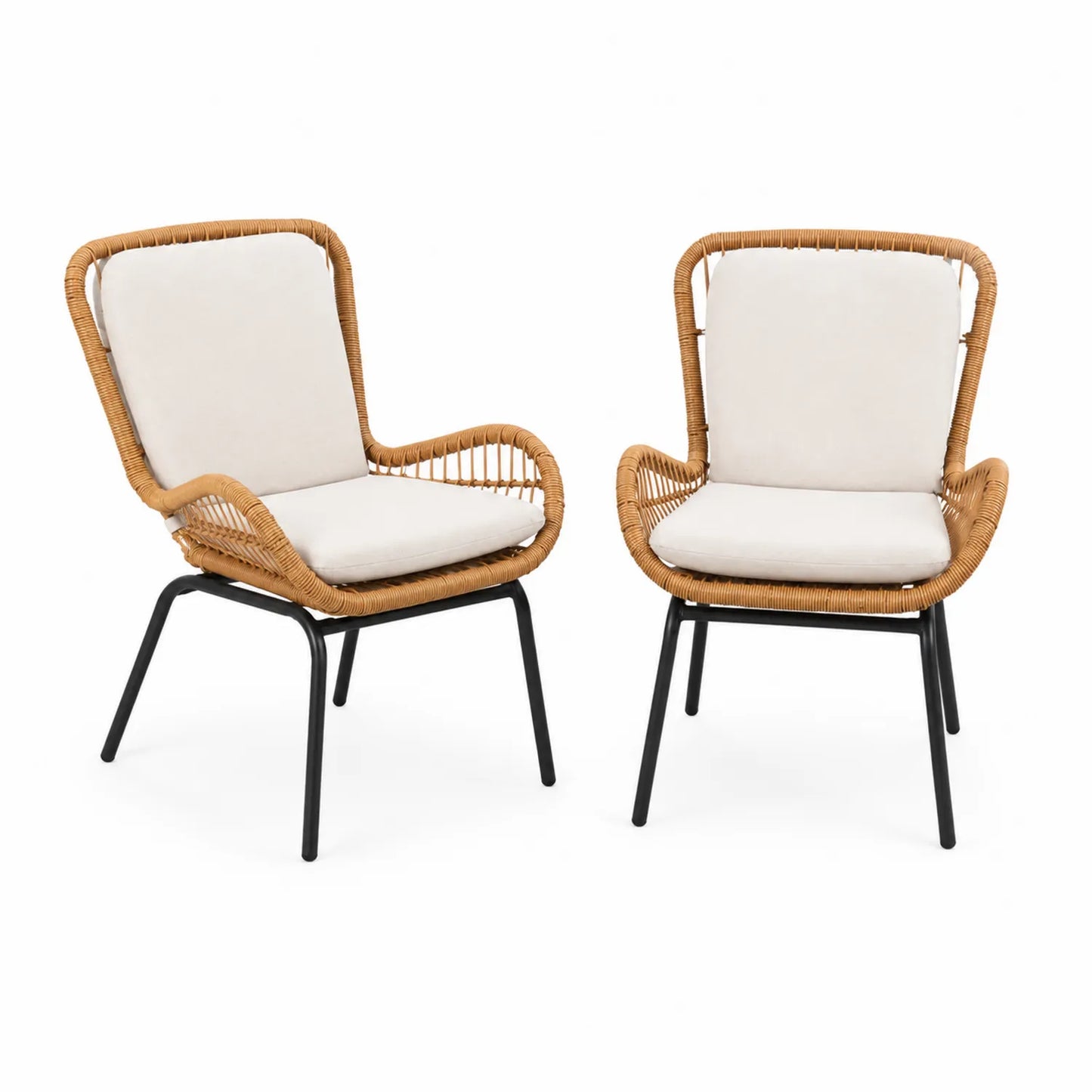Lot de 2 chaises en rotin synthétique et acier avec coussins beiges