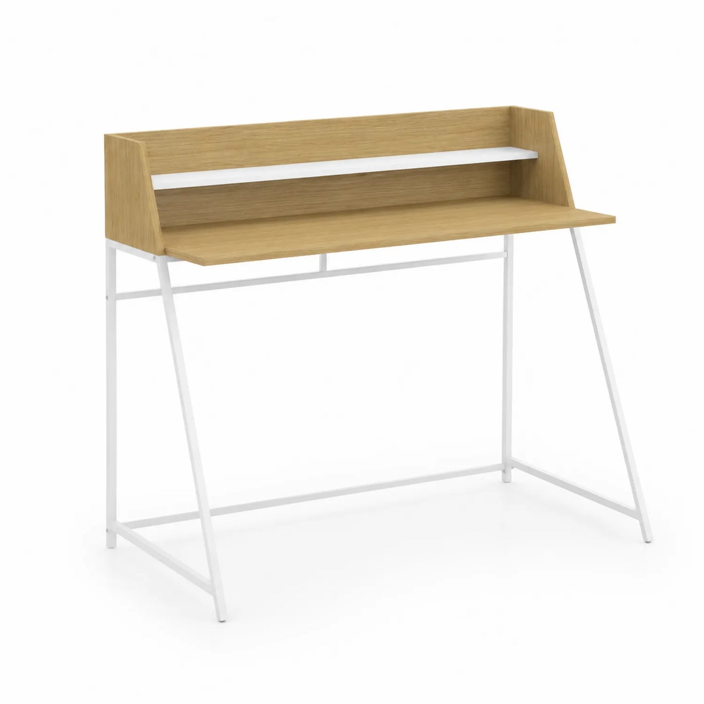 Bureau en métal blanc et placage de chêne clair avec étagère