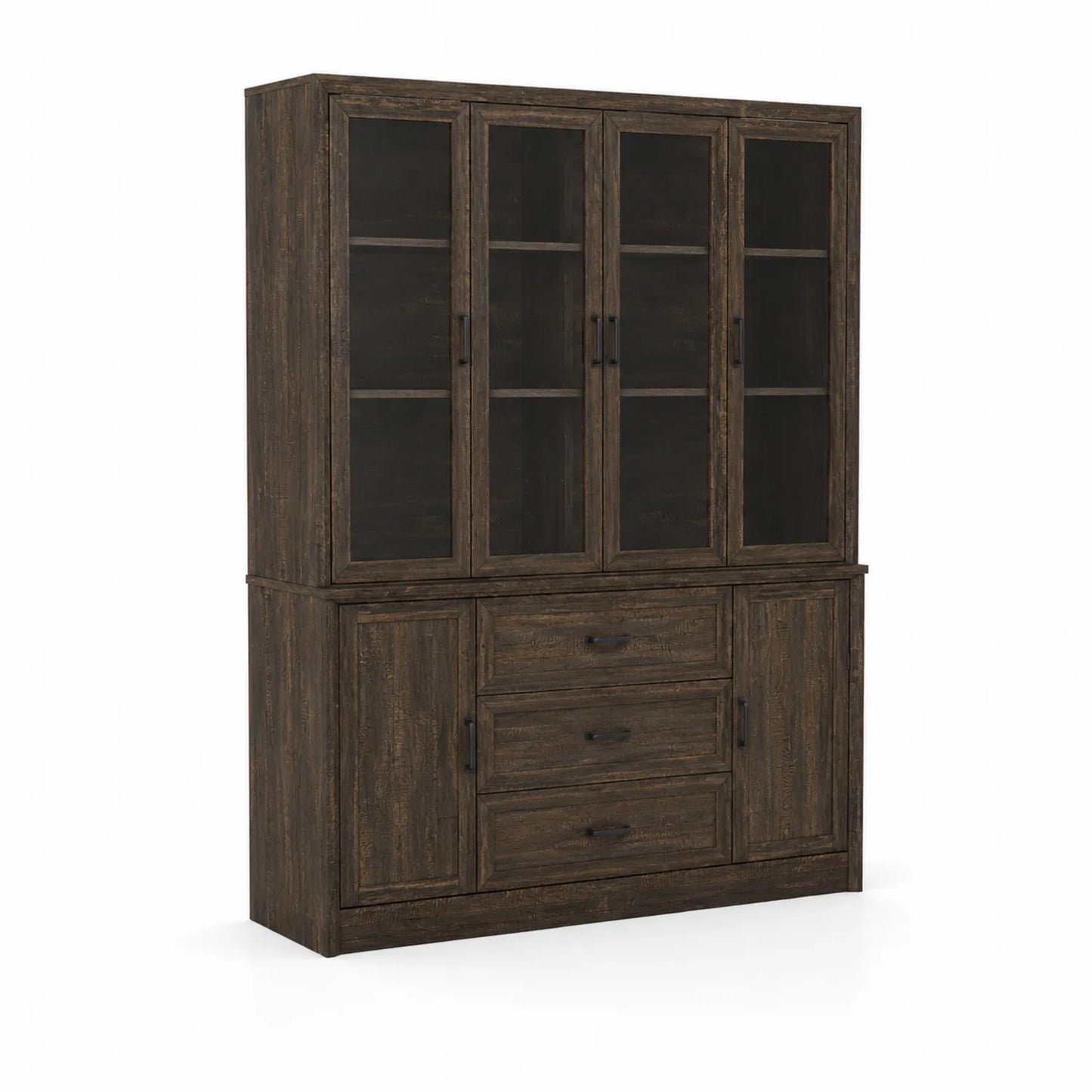Buffet en Bois Marron avec 4 Portes Vitrées et 3 Tiroirs