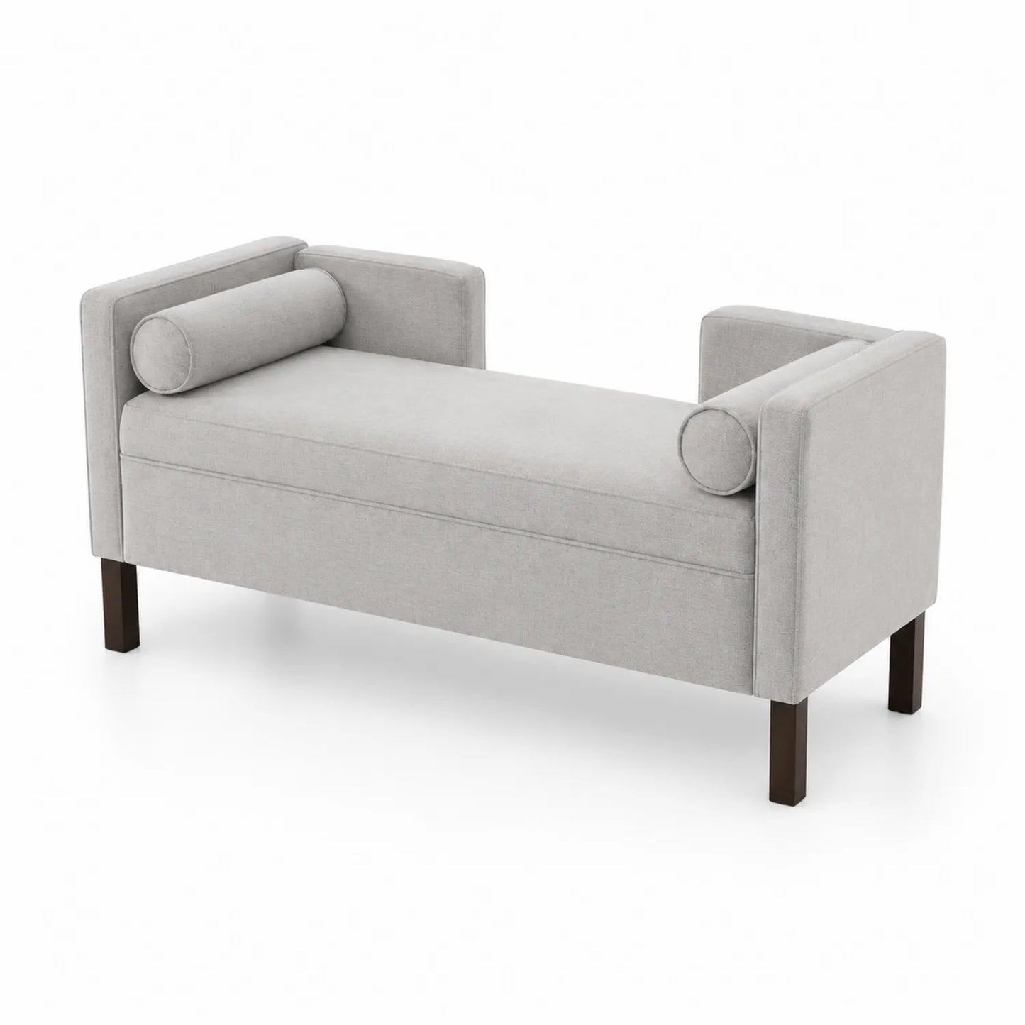 Banc de salon avec accoudoirs et coussins cylindriques en tissu gris