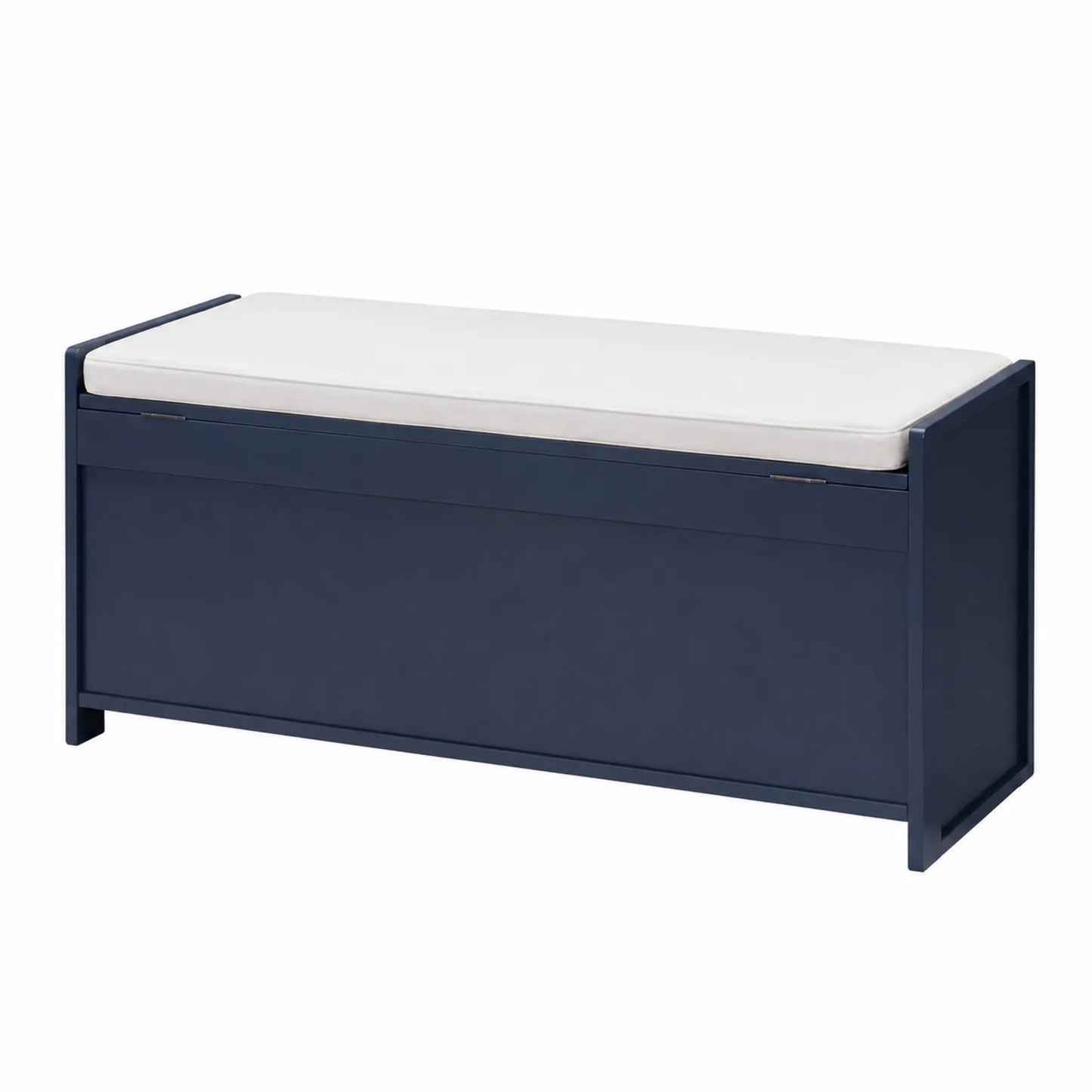 Banc de rangement en bois bleu avec coussin crème