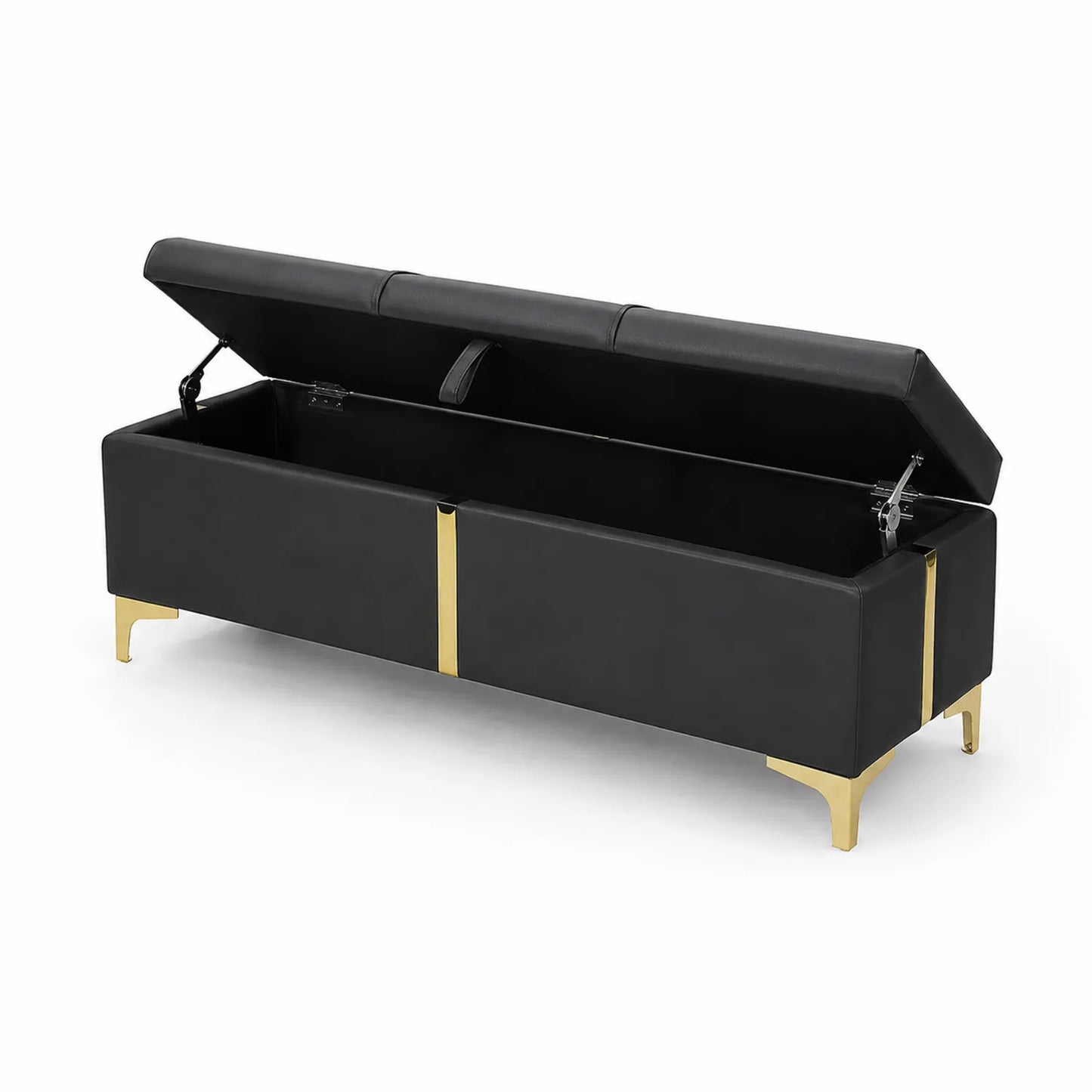 Banc de rangement en cuir synthétique noir avec pieds en métal doré