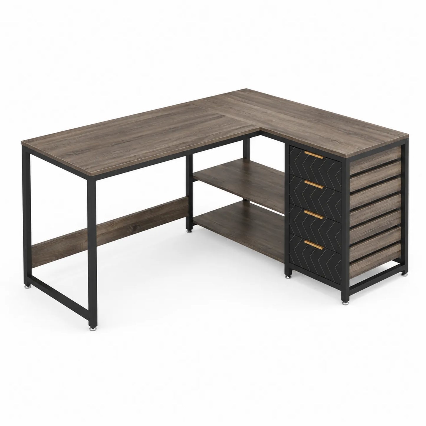 Bureau d'angle en bois et métal avec étagères et tiroirs