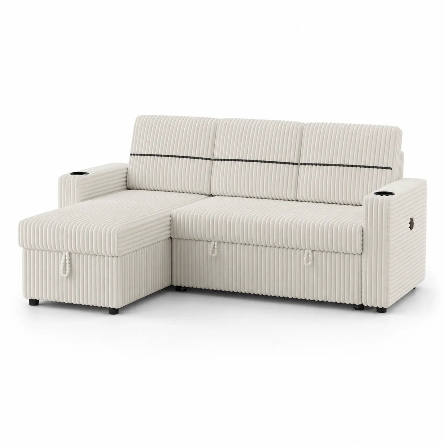 Canapé d'angle convertible avec rangement en tissu beige