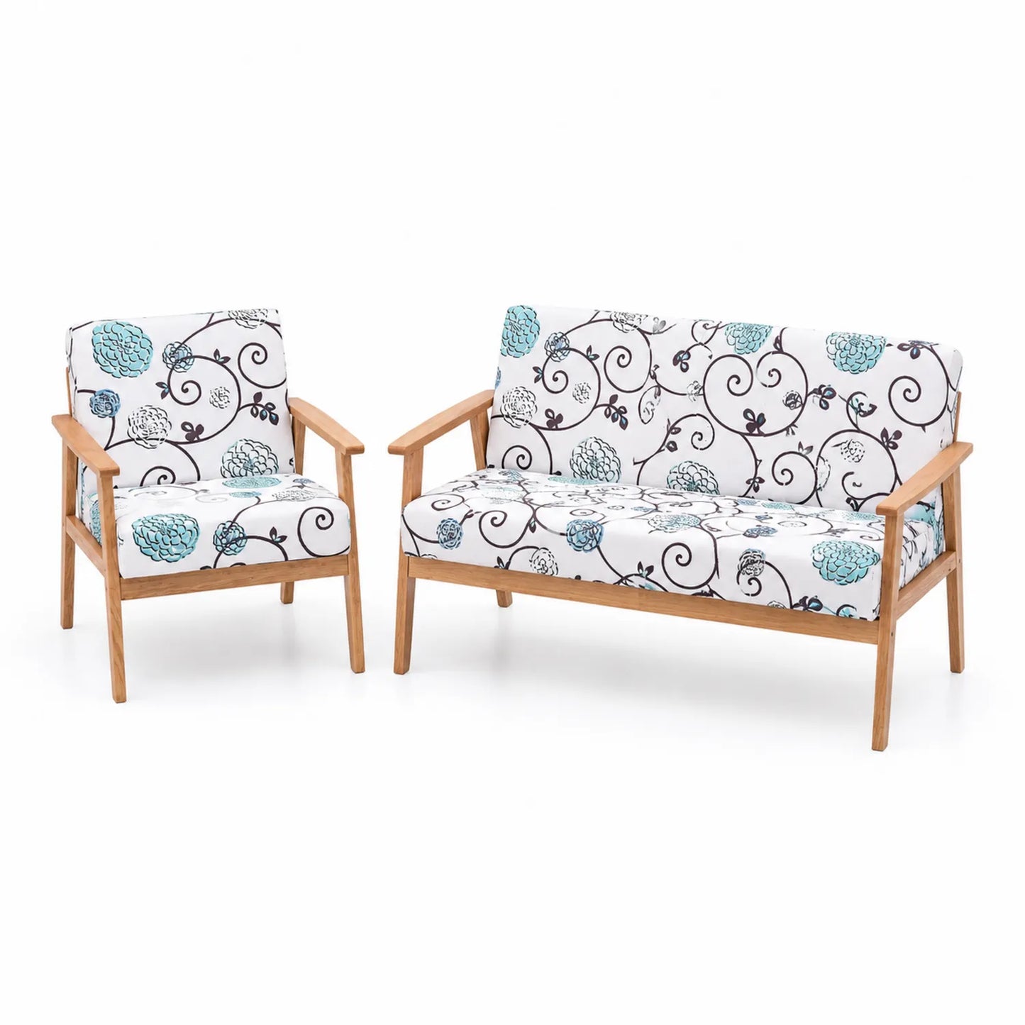 Ensemble canapé et fauteuil en bois et tissu floral Blanc/Bleu