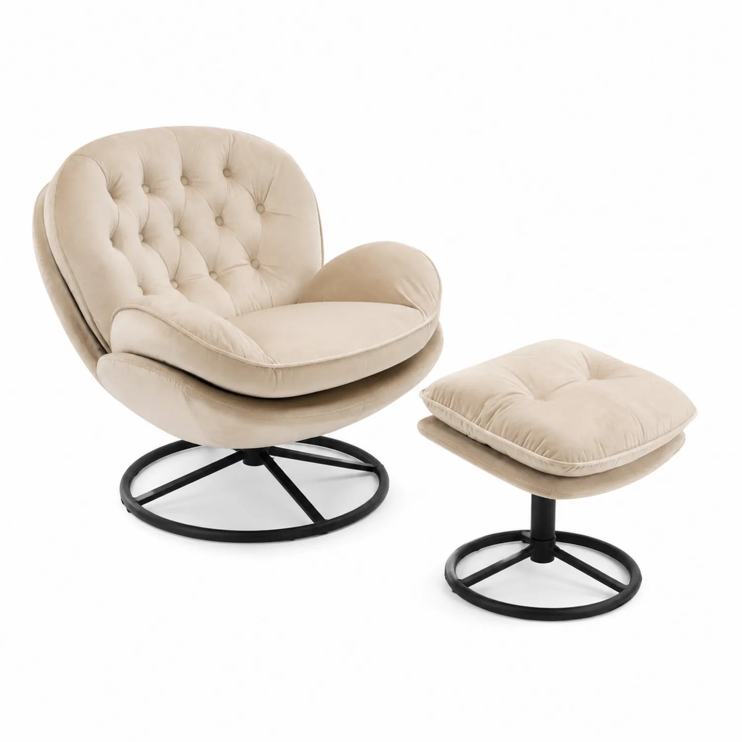 Fauteuil pivotant en velours beige avec repose-pieds et base en métal