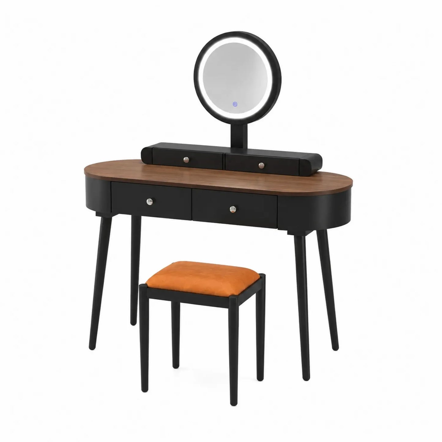Coiffeuse avec miroir LED et tabouret en bois et métal noir et orange