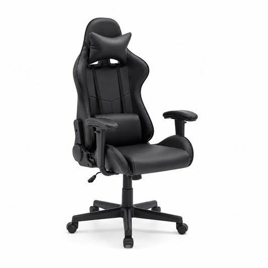Chaise de jeu en cuir synthétique noir avec coussin lombaire