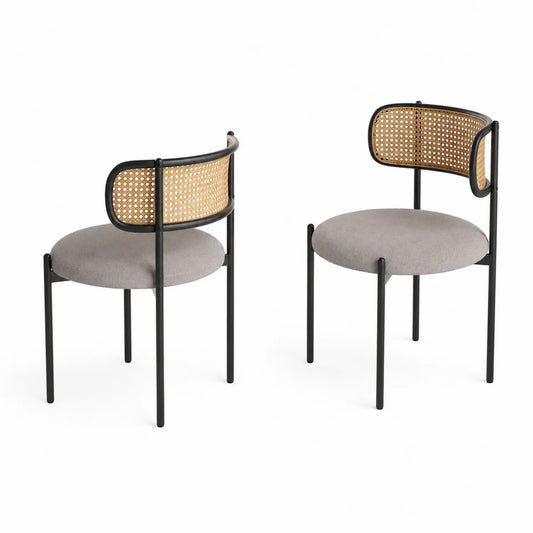 Chaises de salle à manger en tissu et rotin avec structure en métal, ensemble de 2