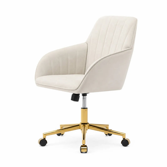 Chaise pivotante en velours beige avec base en métal doré, hauteur réglable