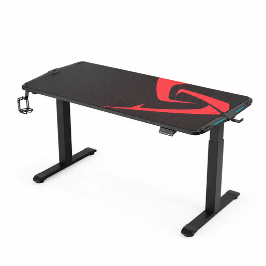 Bureau réglable en bois laminé et métal Noir et Rouge 160x75 cm avec porte-gobelet