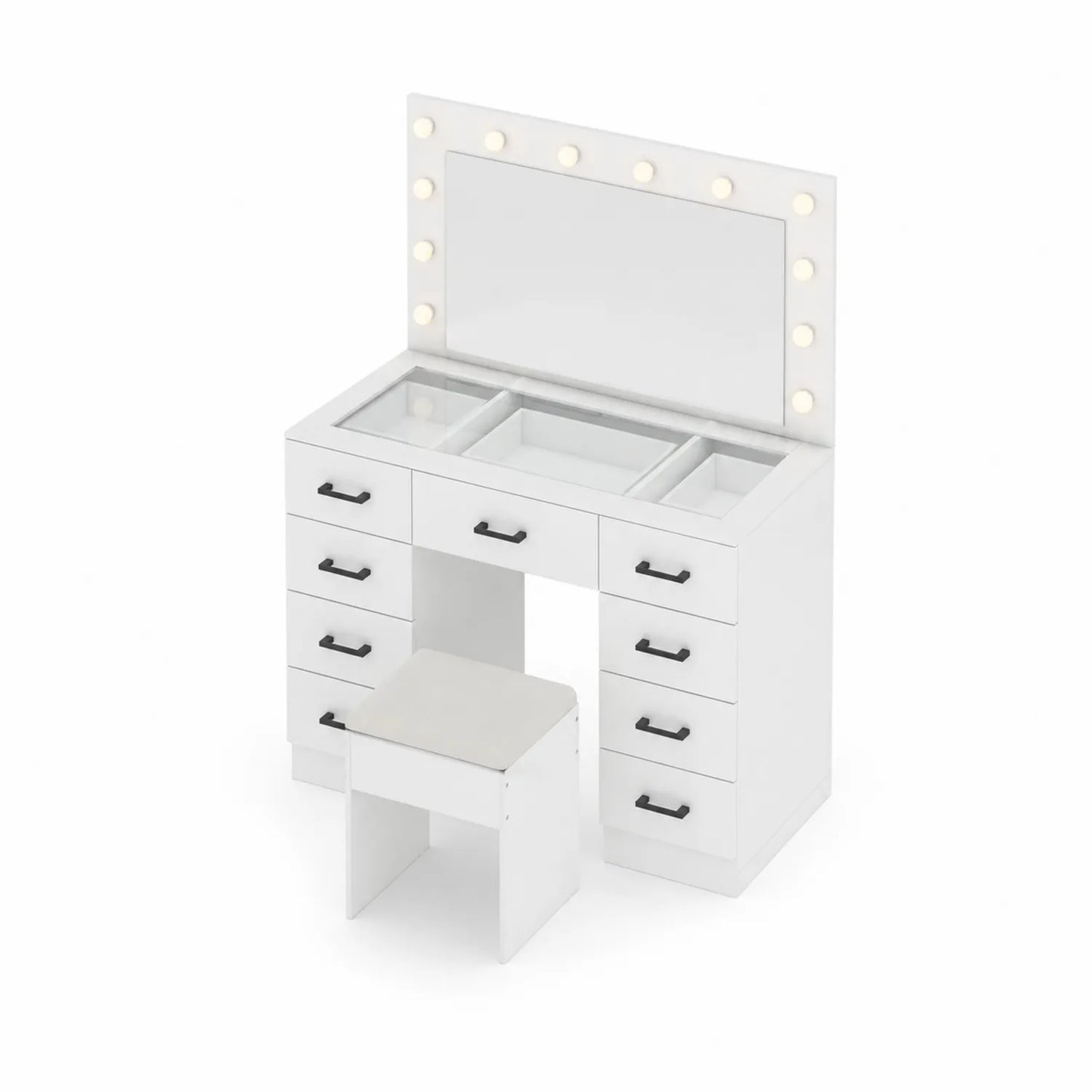 Coiffeuse en Bois Blanc avec Miroir Éclairé et Tabouret