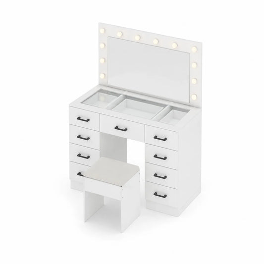 Coiffeuse en Bois Blanc avec Miroir Éclairé et Tabouret