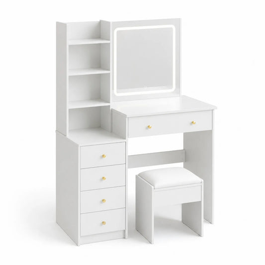 Coiffeuse en bois avec miroir LED et tabouret