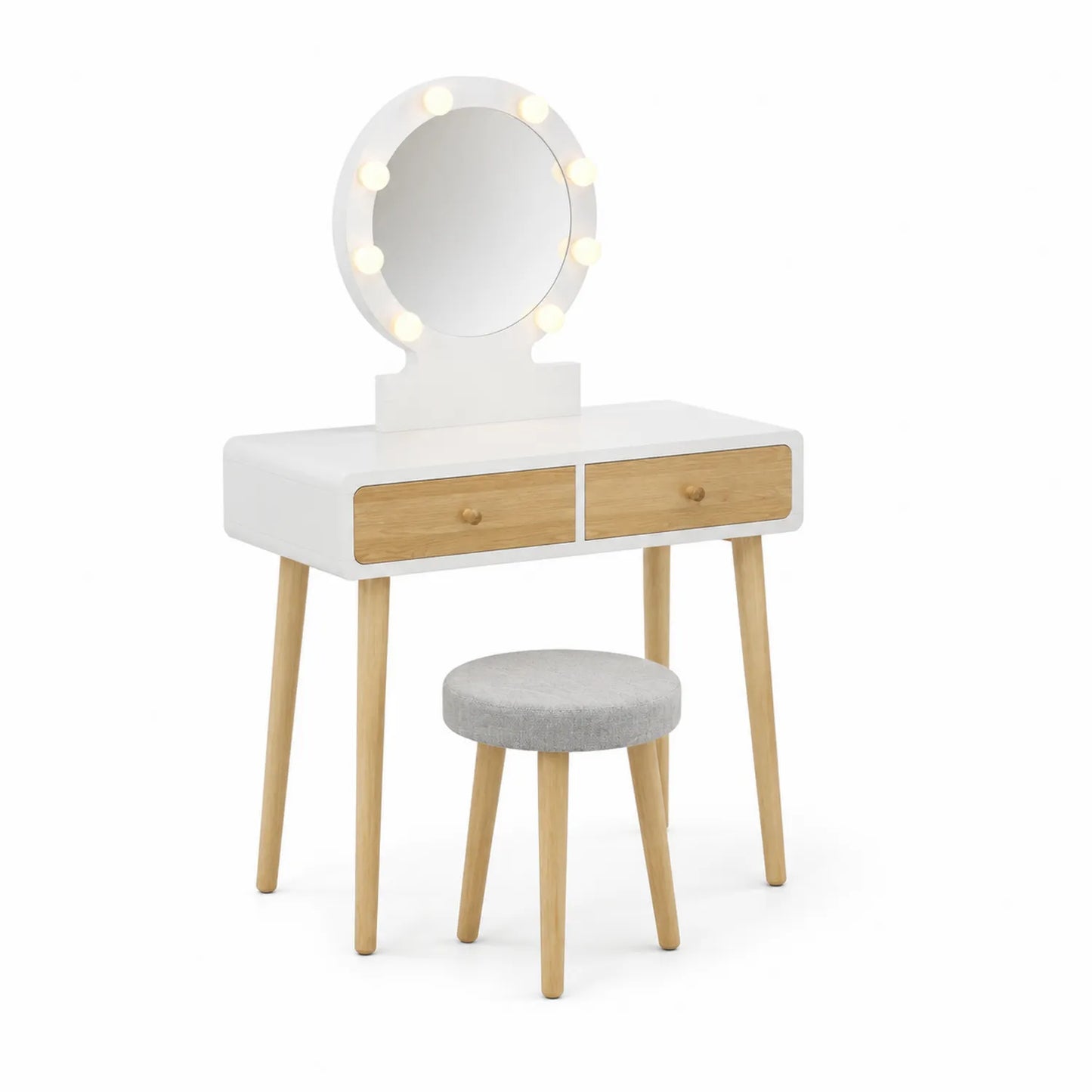 Coiffeuse en Bois avec Miroir LED et Tabouret en Tissu Gris