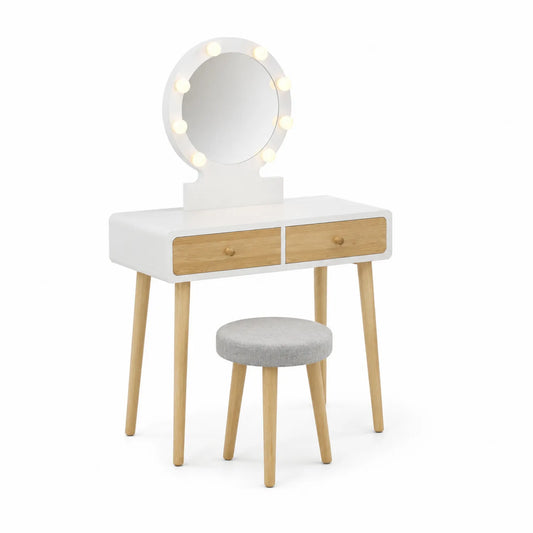 Coiffeuse en Bois avec Miroir LED et Tabouret en Tissu Gris