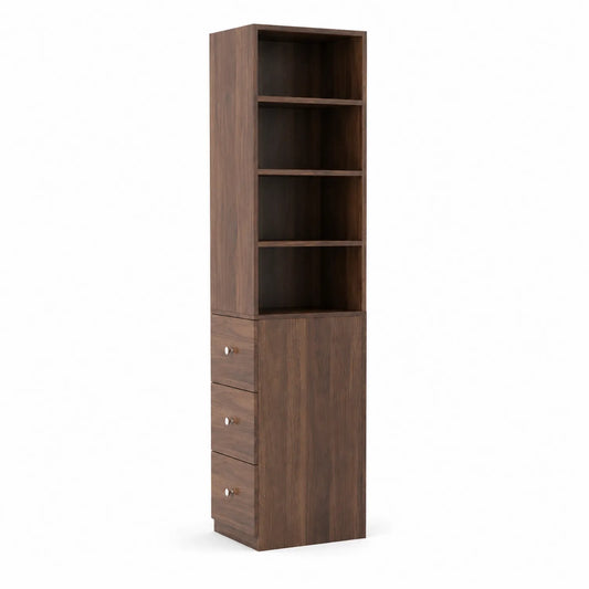 Bibliothèque colonne en bois avec tiroirs et étagères