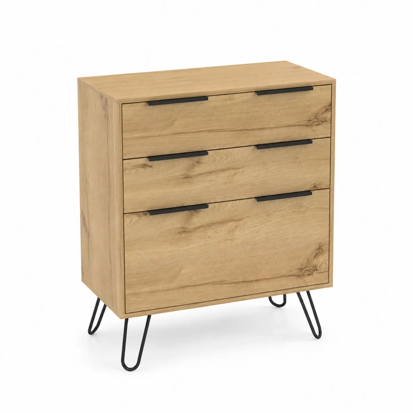 Commode en bois de chêne clair avec 3 tiroirs et pieds en métal