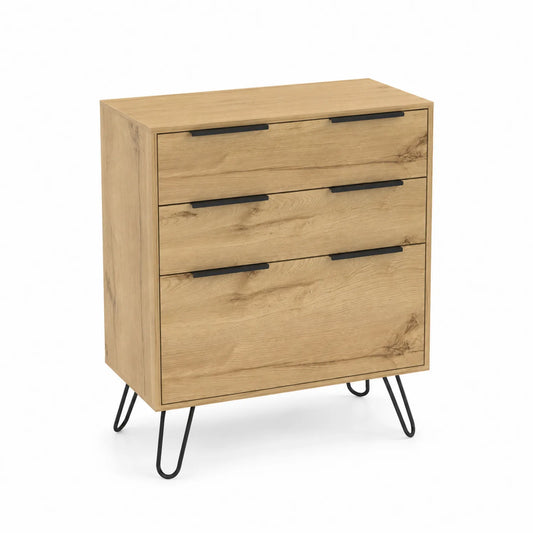 Commode en bois de chêne clair avec 3 tiroirs et pieds en métal