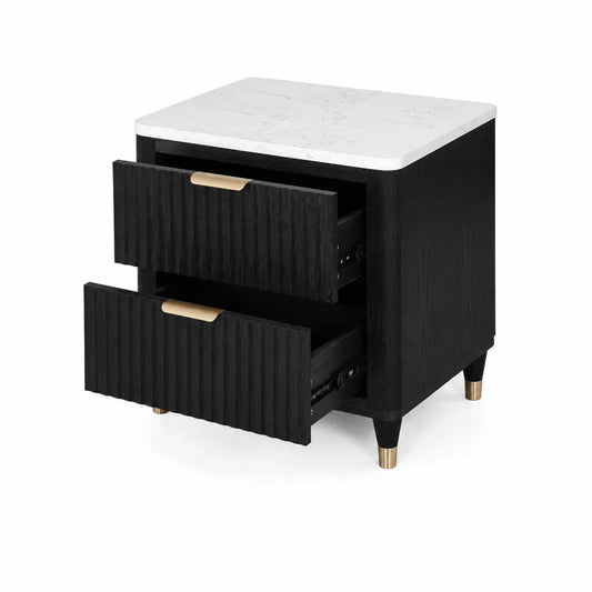 Table de chevet en bois avec plateau en marbre artificiel noir et blanc