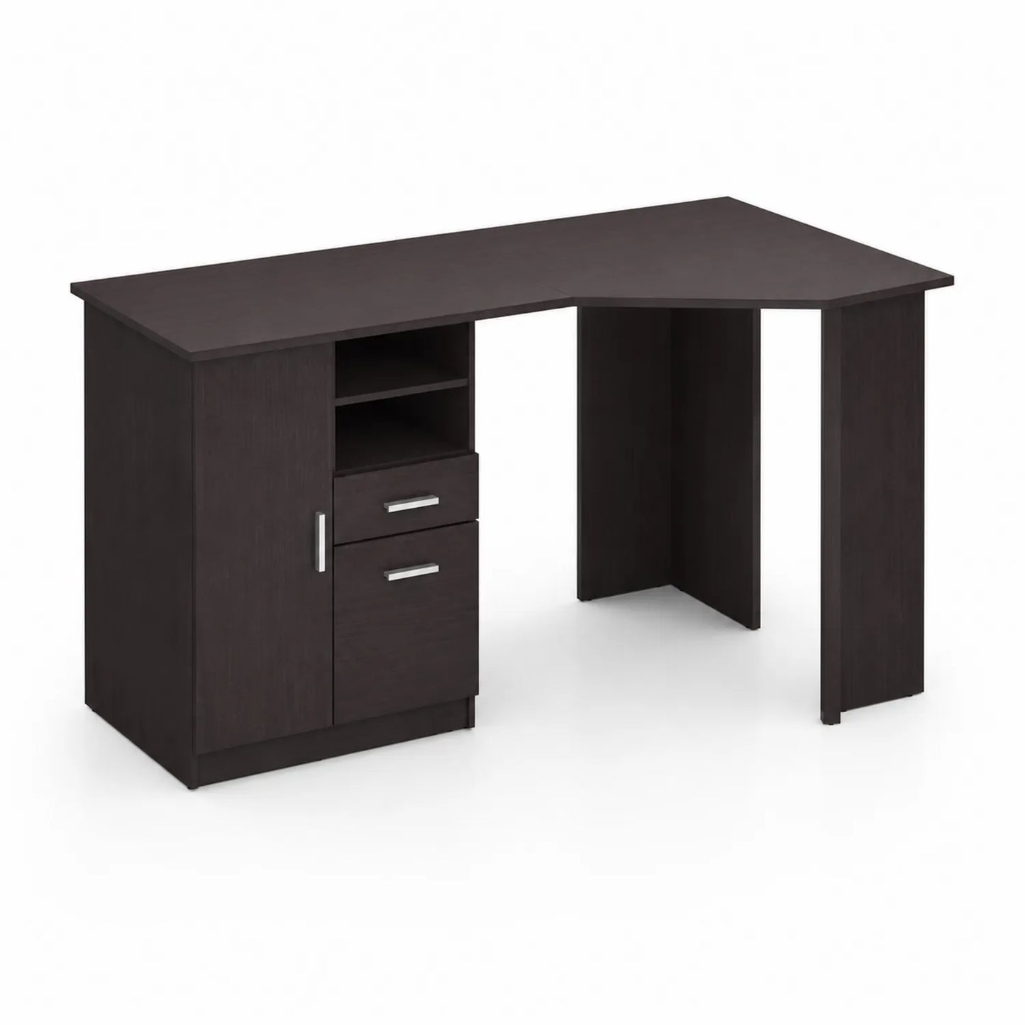 Bureau d'angle en bois brun foncé avec tiroirs et étagères