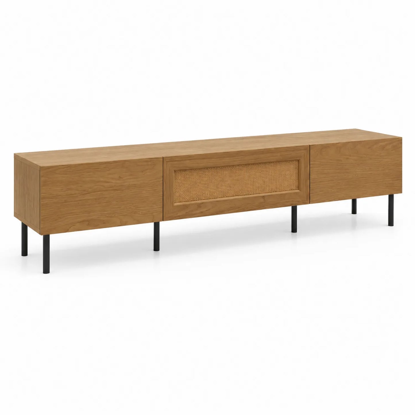 Meuble TV en bois avec porte en rotin et pieds en métal