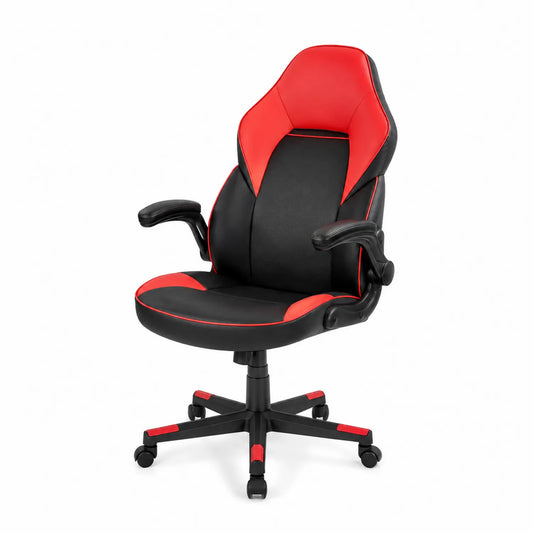 Chaise de bureau en cuir synthétique noir et rouge avec base rotative