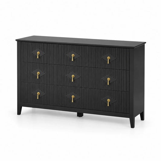 Commode en bois noir avec poignées dorées à 6 tiroirs