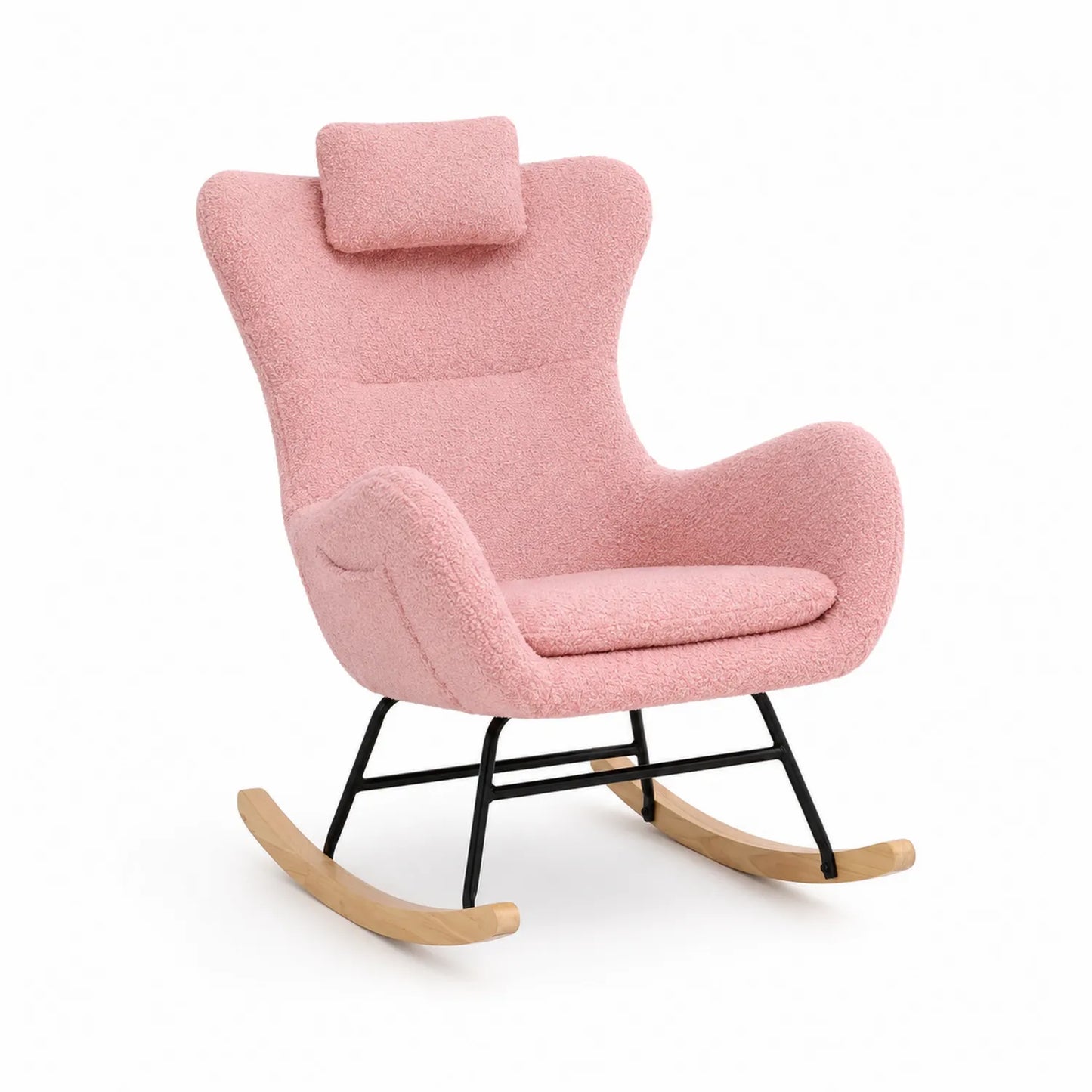 Chaise berçante en tissu bouclé rose et métal avec pieds en bois