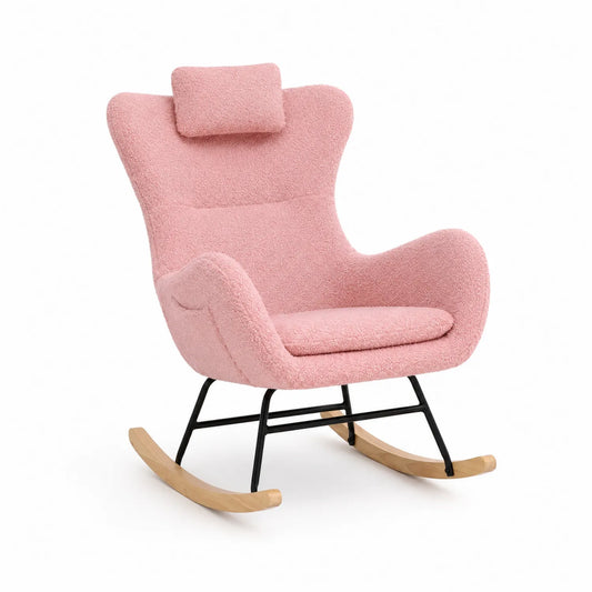 Chaise berçante en tissu bouclé rose et métal avec pieds en bois