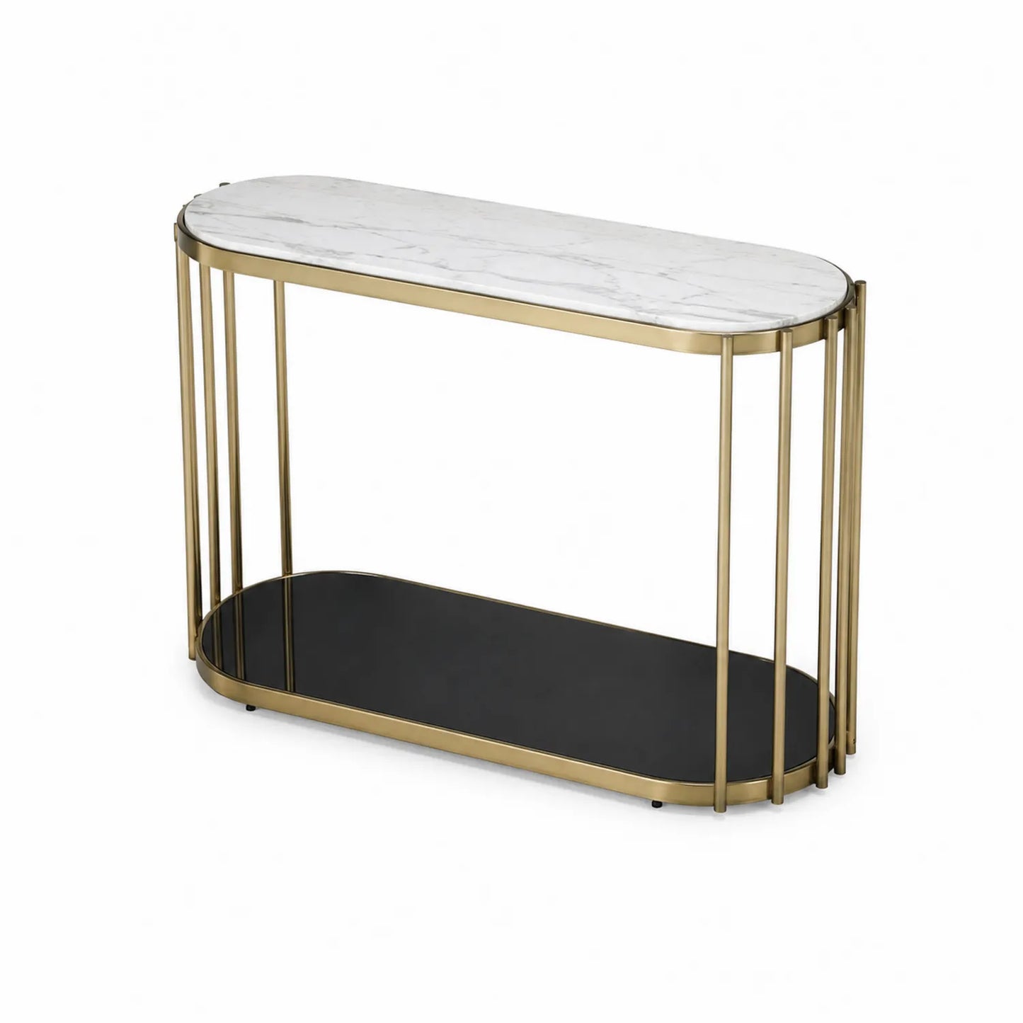 Console ovale en marbre avec étagère noire et cadre en métal doré