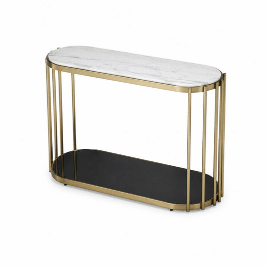 Console ovale en marbre avec étagère noire et cadre en métal doré