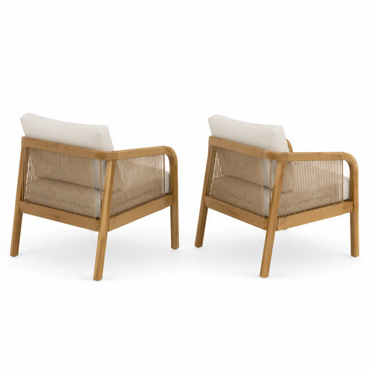 Lot de 2 fauteuils extérieurs en teck avec coussins en polyester beige