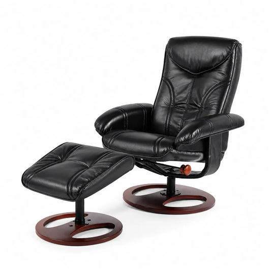 Fauteuil inclinable avec repose-pieds - cuir artificiel noir et base en bois