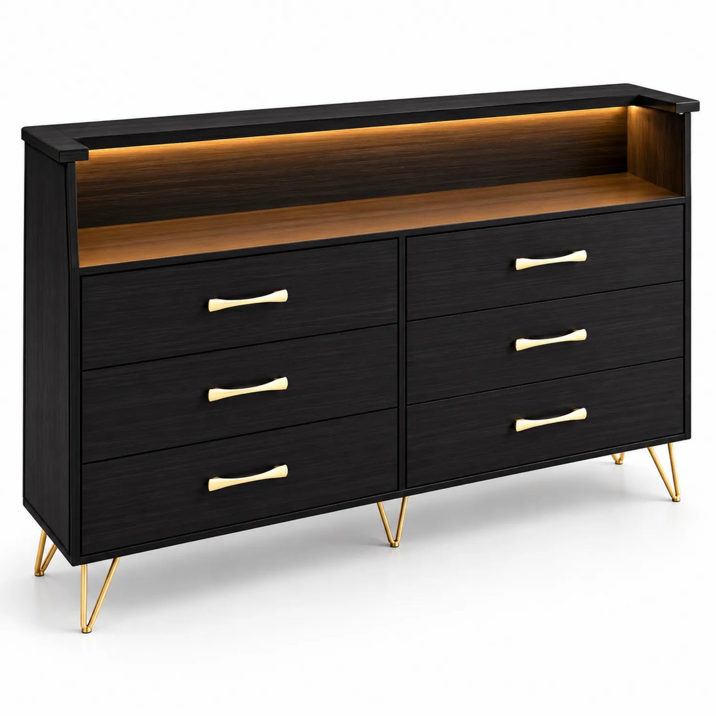 Commode en bois avec tiroirs noirs et poignées dorées, 152 cm
