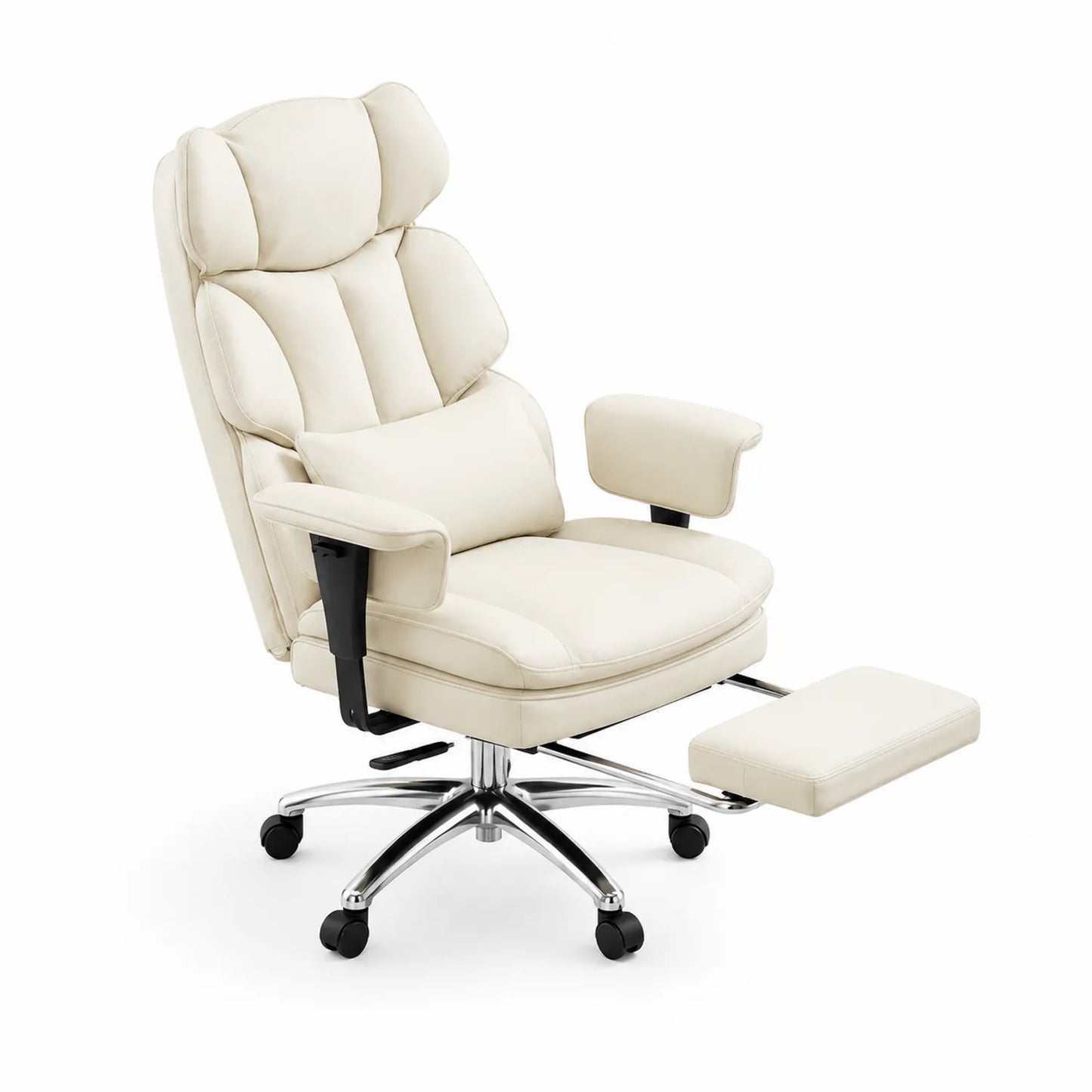 Chaise de bureau avec repose-pieds en cuir synthétique et acier chromé Crème