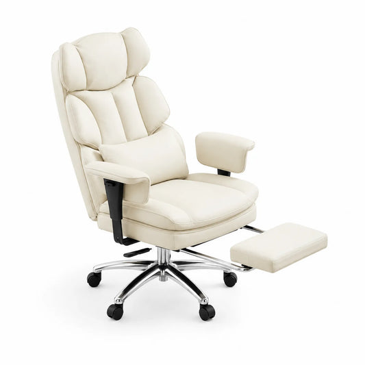 Chaise de bureau avec repose-pieds en cuir synthétique et acier chromé Crème
