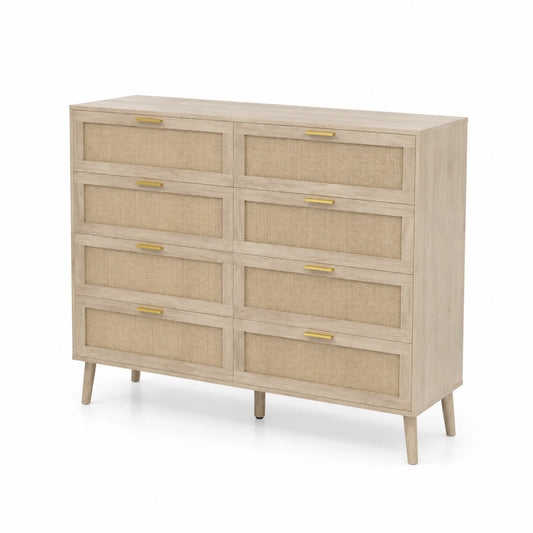 Commode à 8 tiroirs en bois et rotin