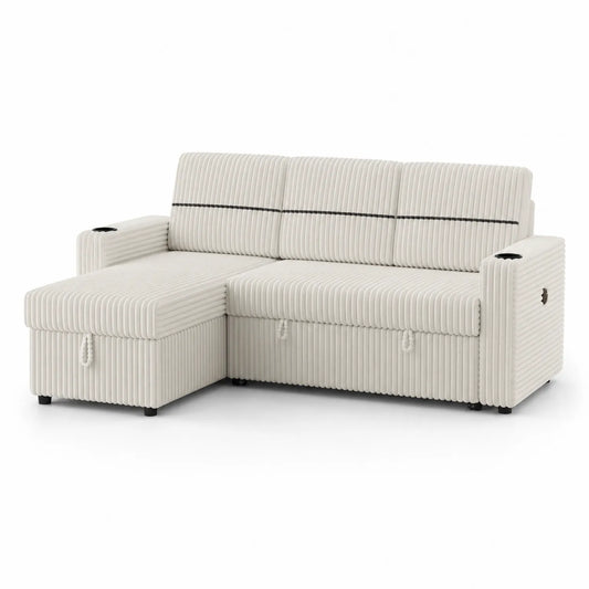Canapé d'angle convertible avec rangement en tissu beige