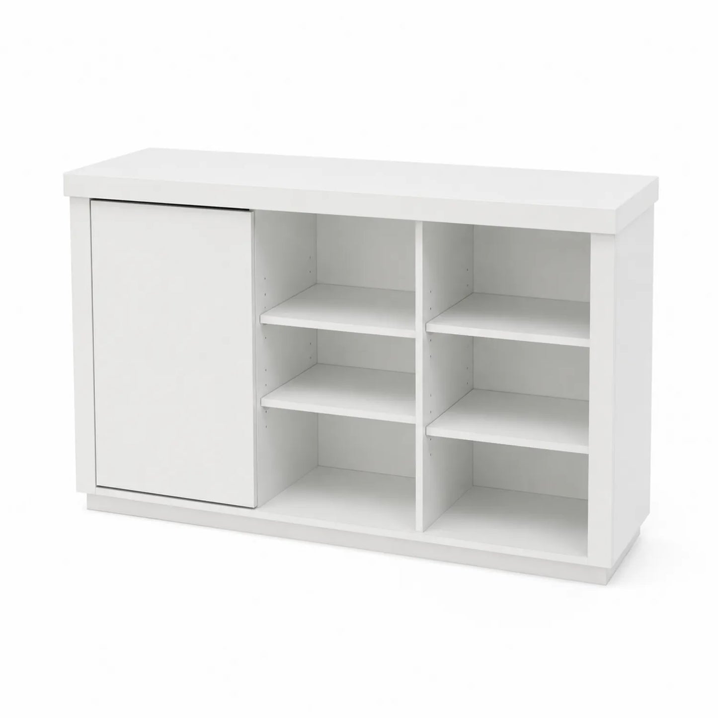 Buffet en bois blanc avec étagères réglables et porte coulissante