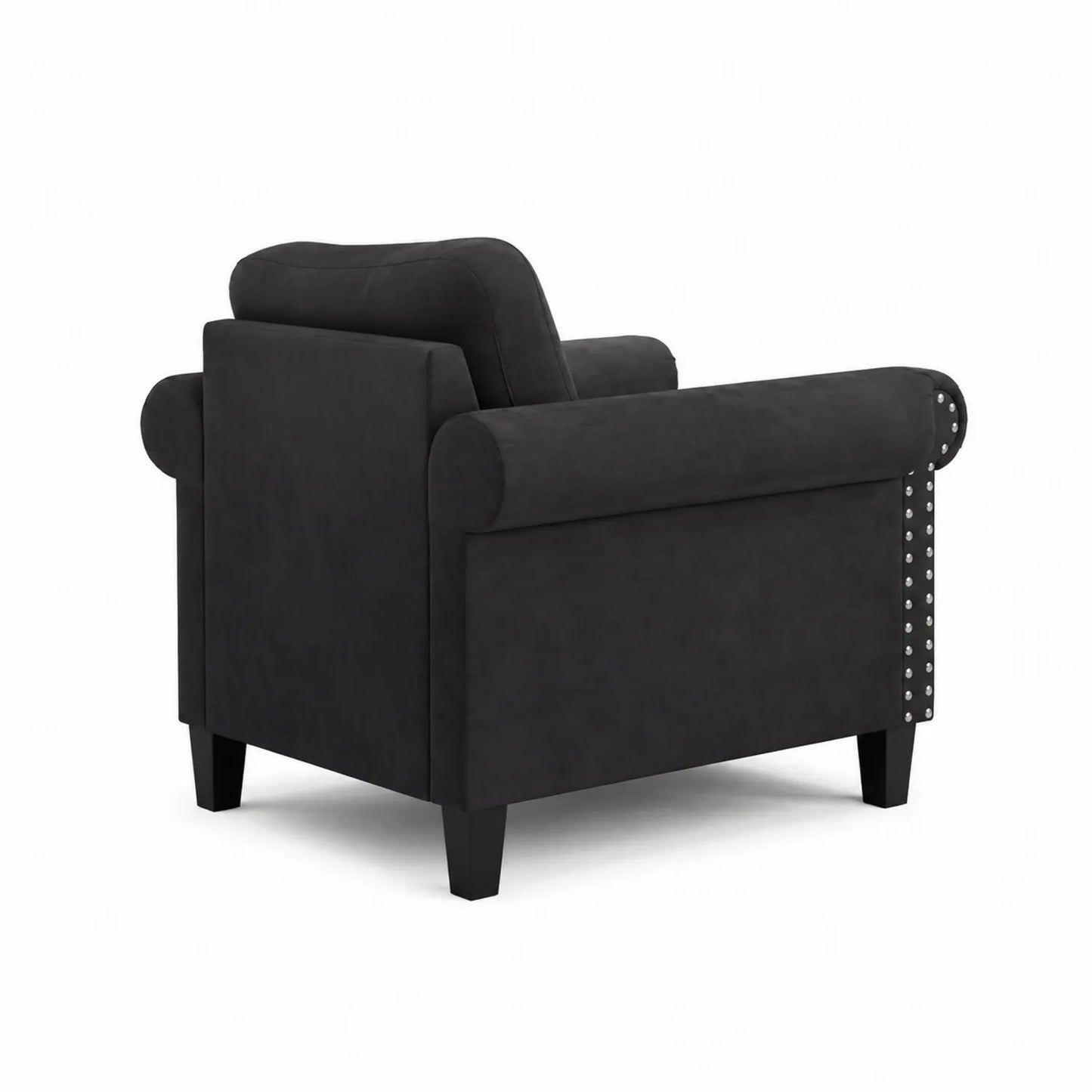 Fauteuil en polyester noir avec accoudoirs arrondis et rivets