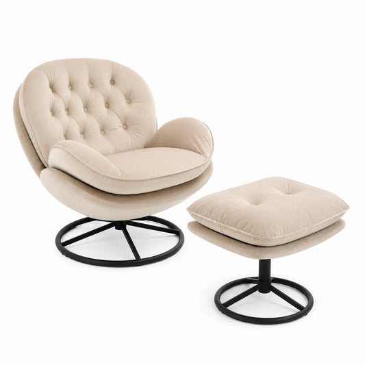 Fauteuil pivotant avec repose-pieds en velours et métal Beige