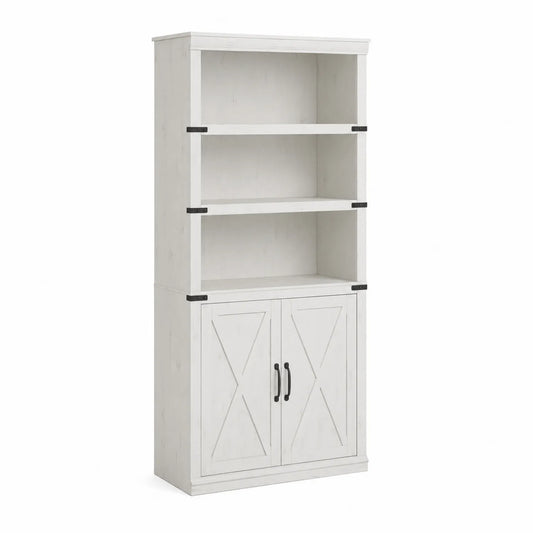 Bibliothèque en bois blanc avec étagères et portes
