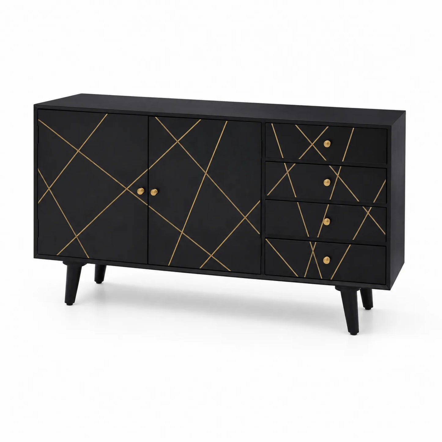 Buffet en bois noir avec motifs dorés, 4 tiroirs et 2 portes