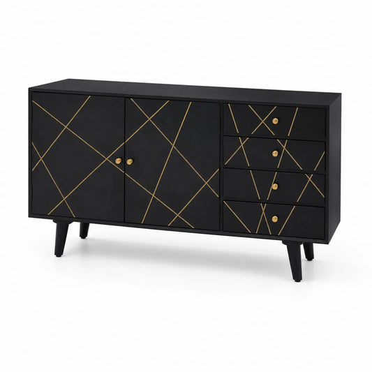 Buffet en bois noir avec motifs dorés, 4 tiroirs et 2 portes