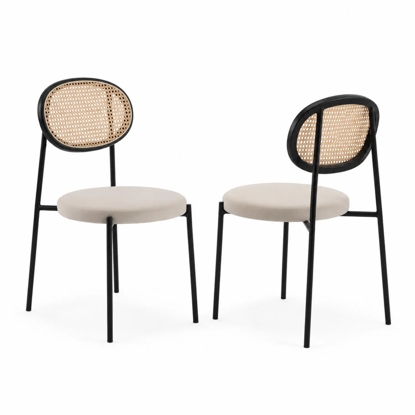Chaise en rotin et métal noir avec assise en polyester beige