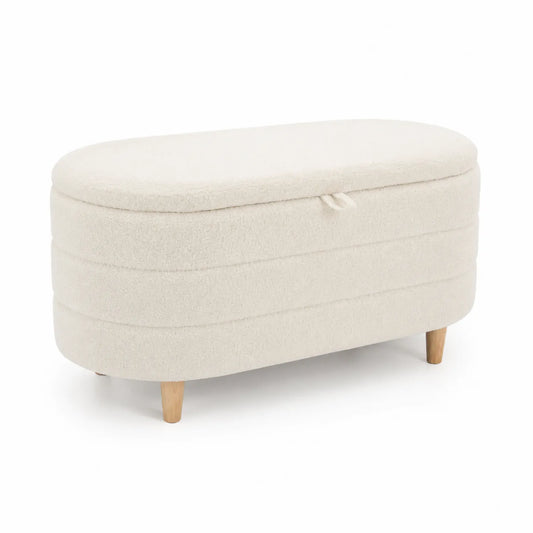 Banc de rangement en tissu bouclé Crème avec pieds en bois