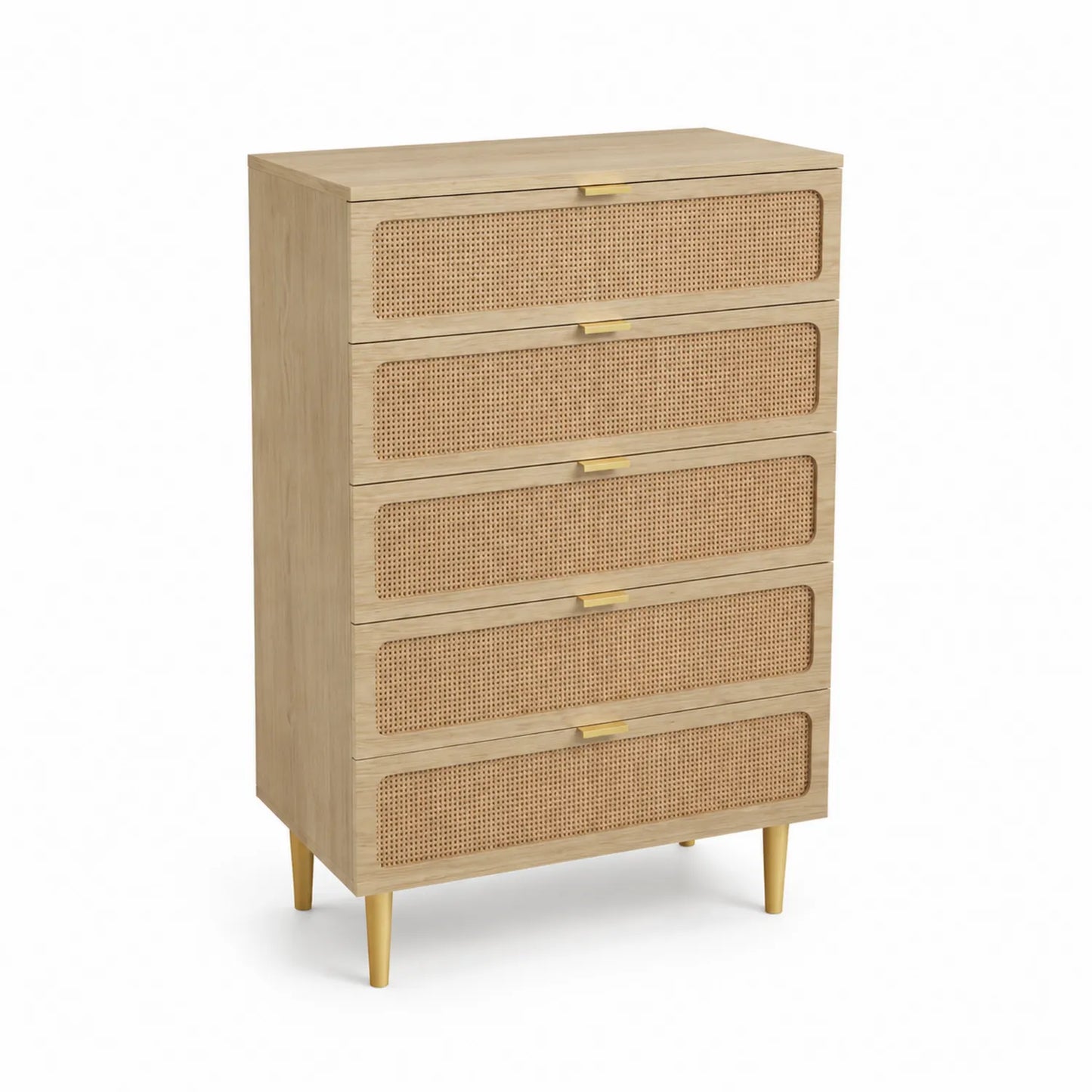 Chiffonnier en bois avec cannage et 5 tiroirs