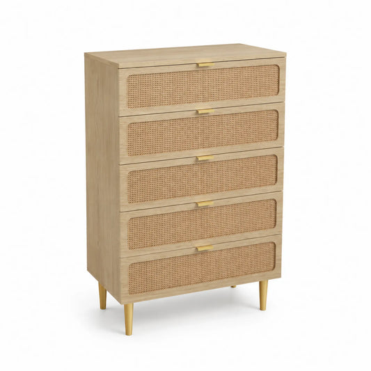 Chiffonnier en bois avec cannage et 5 tiroirs