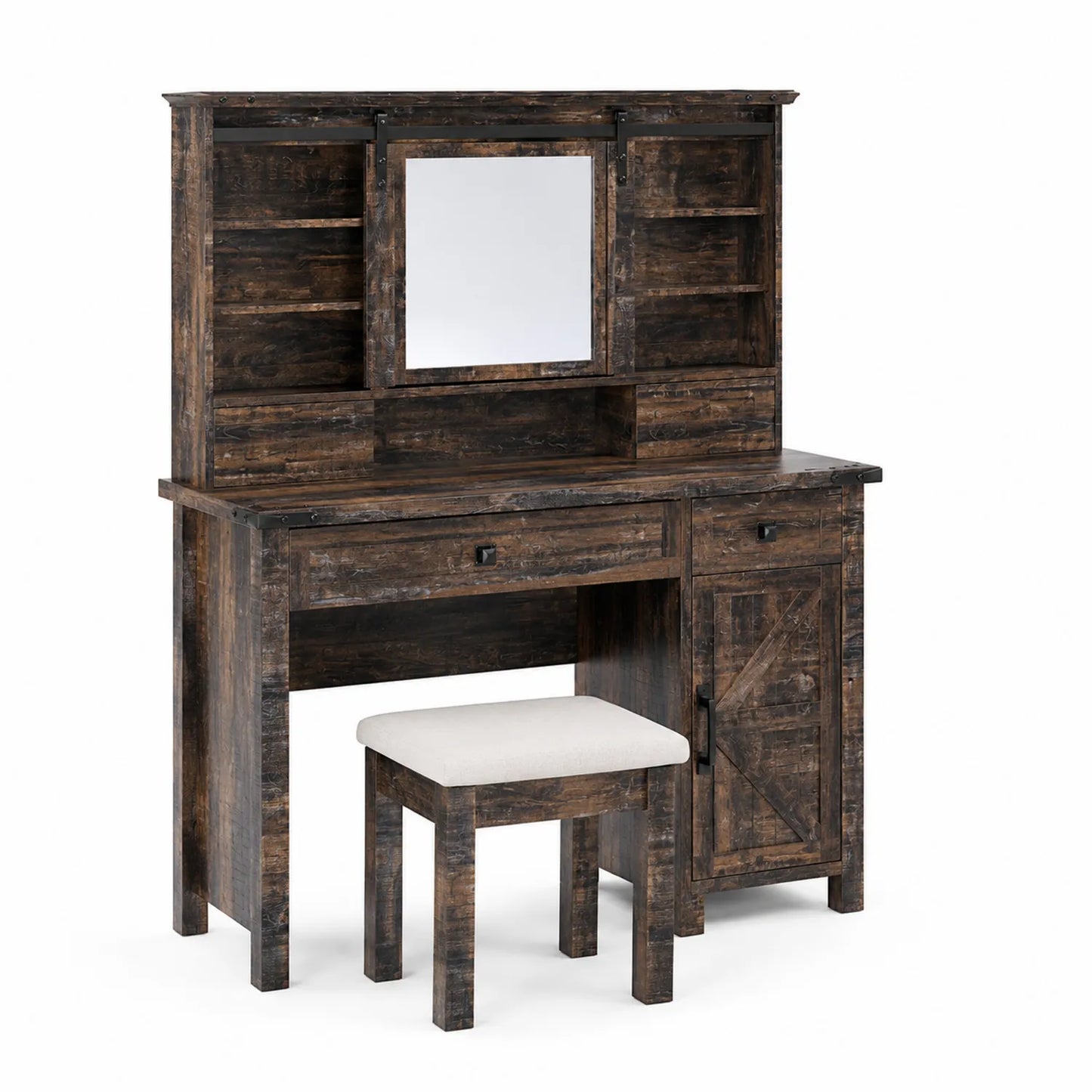 Coiffeuse en bois avec miroir et tabouret en lin
